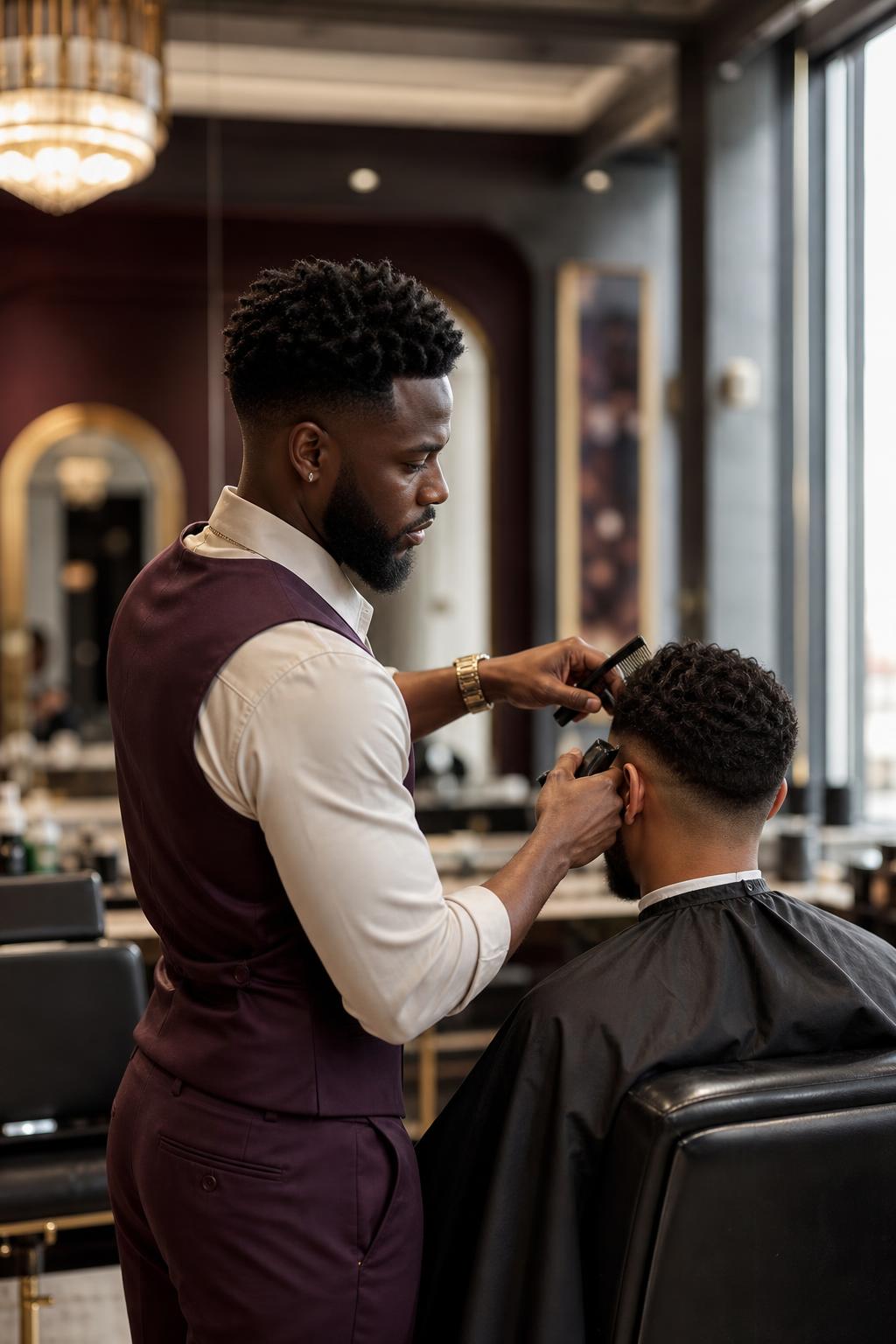 Black male barber cutting a client's hair in a modern upscale barbershop