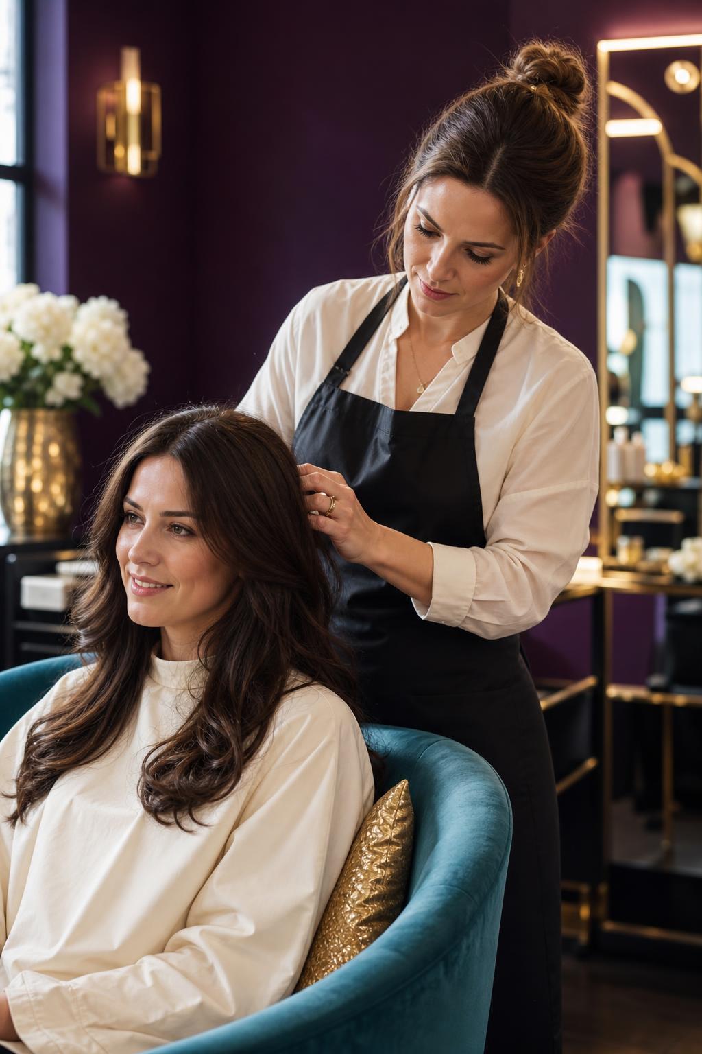 White salon owner styling a client's hair in a luxurious private salon suite