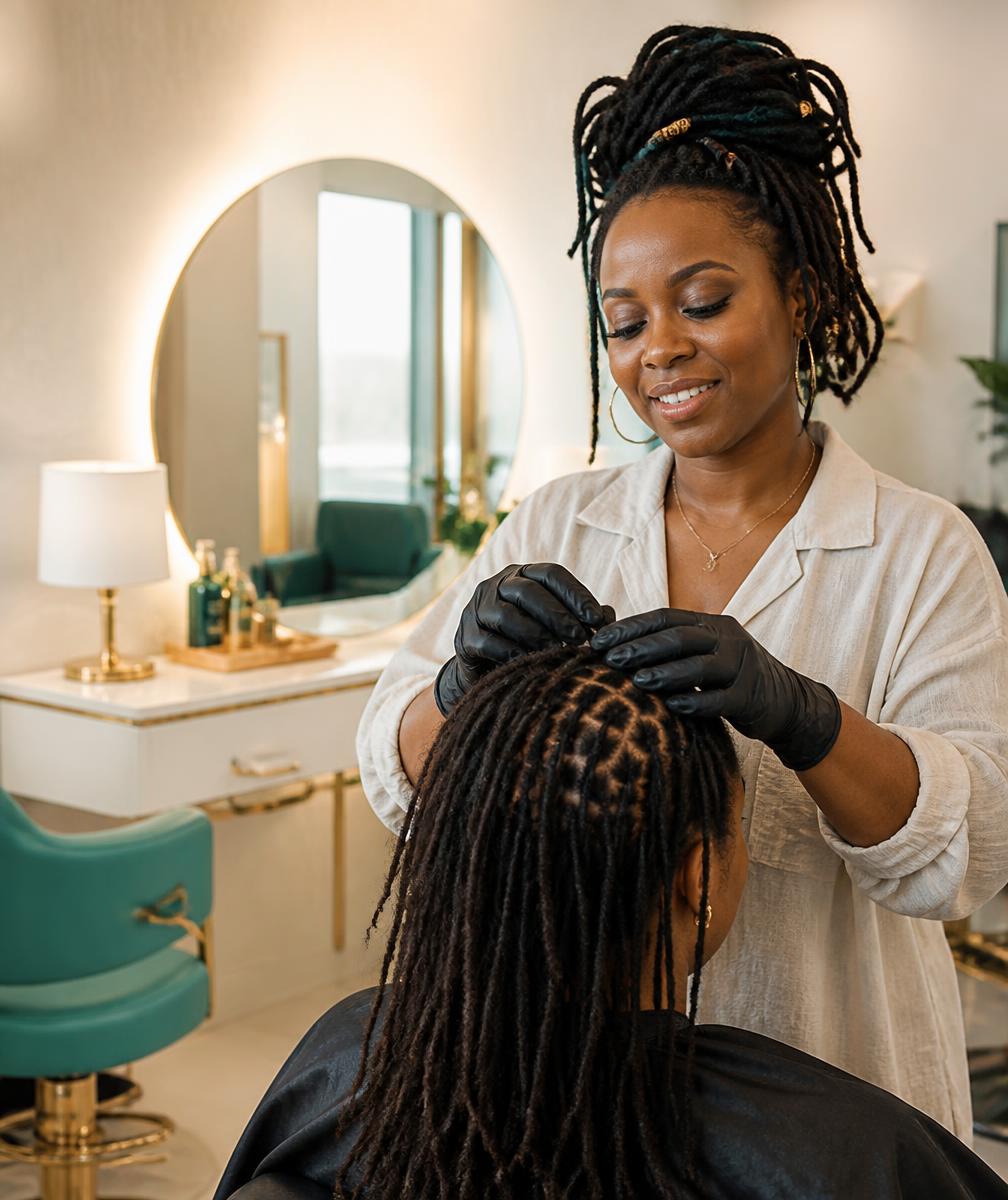 Calm salon owner serving a client while her system handles business activity